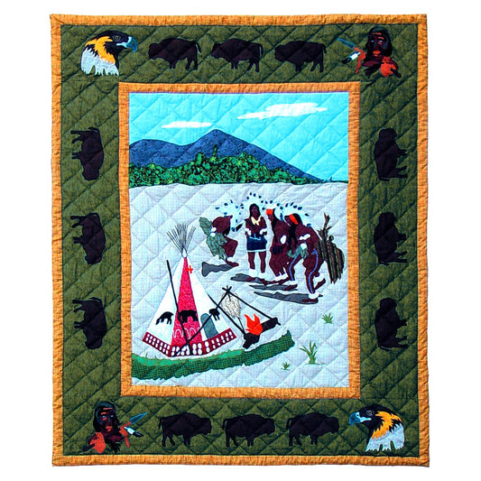 Patch Magic’s Indian Dancers - Embroidered Lap / Throw Quilt - Filled with Soft Cotton, Handmade, 100% Cotton Throw/Lap Quilt. 