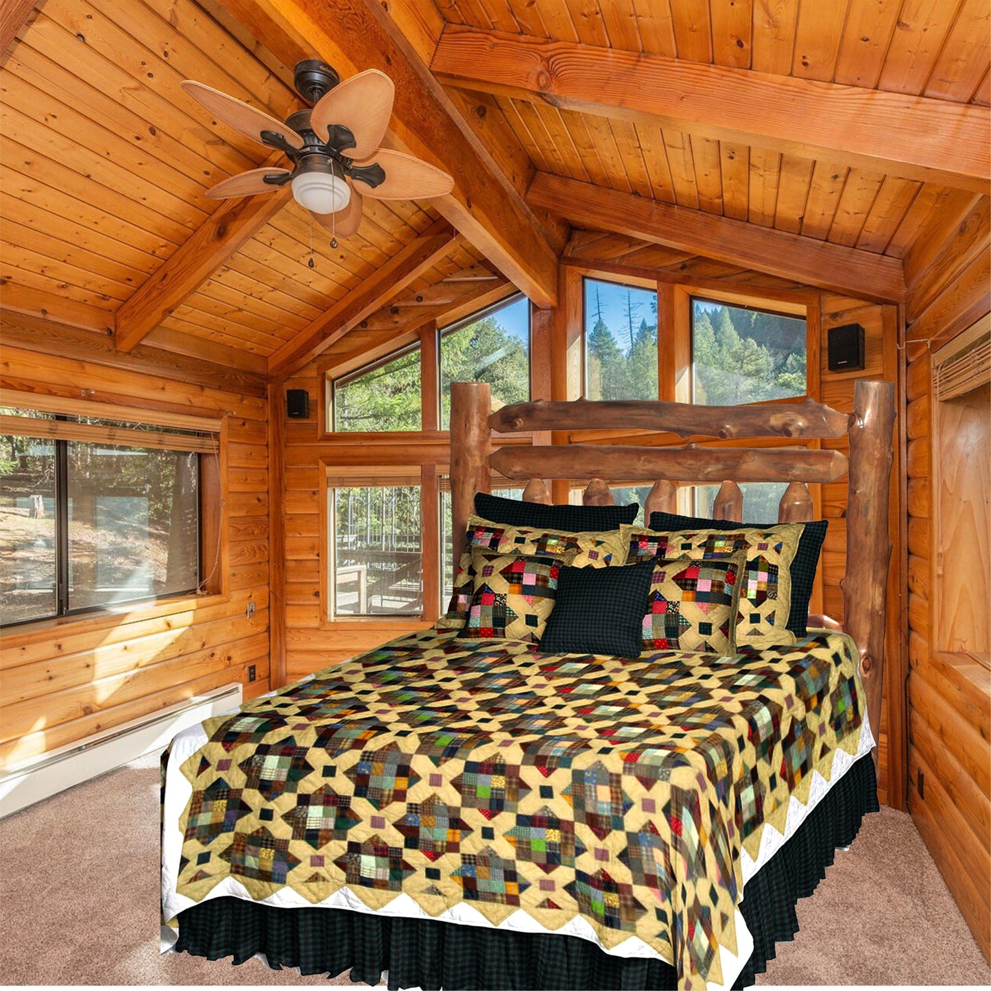 Patch Magic’s Country Road Quilt - The crisscrosses of tan color interconnects the multi colored plaid fabric patches arrayed 16 patch basic block is a stunning quilt . Against this backdrop time stops and it is a treasure in the attic.