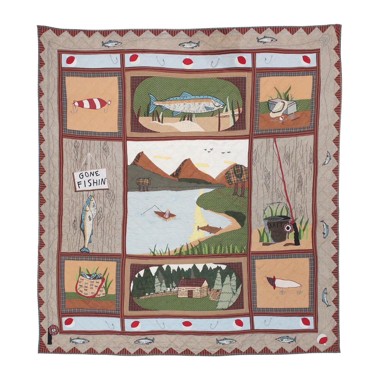 Fishing Break Quilt, Hand cut and Appliqued cotton fabric motifs.