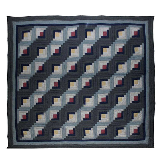 Summer Log Cabin Cotton Reversible Quilt, Queen Size - 85"W x 95"L.