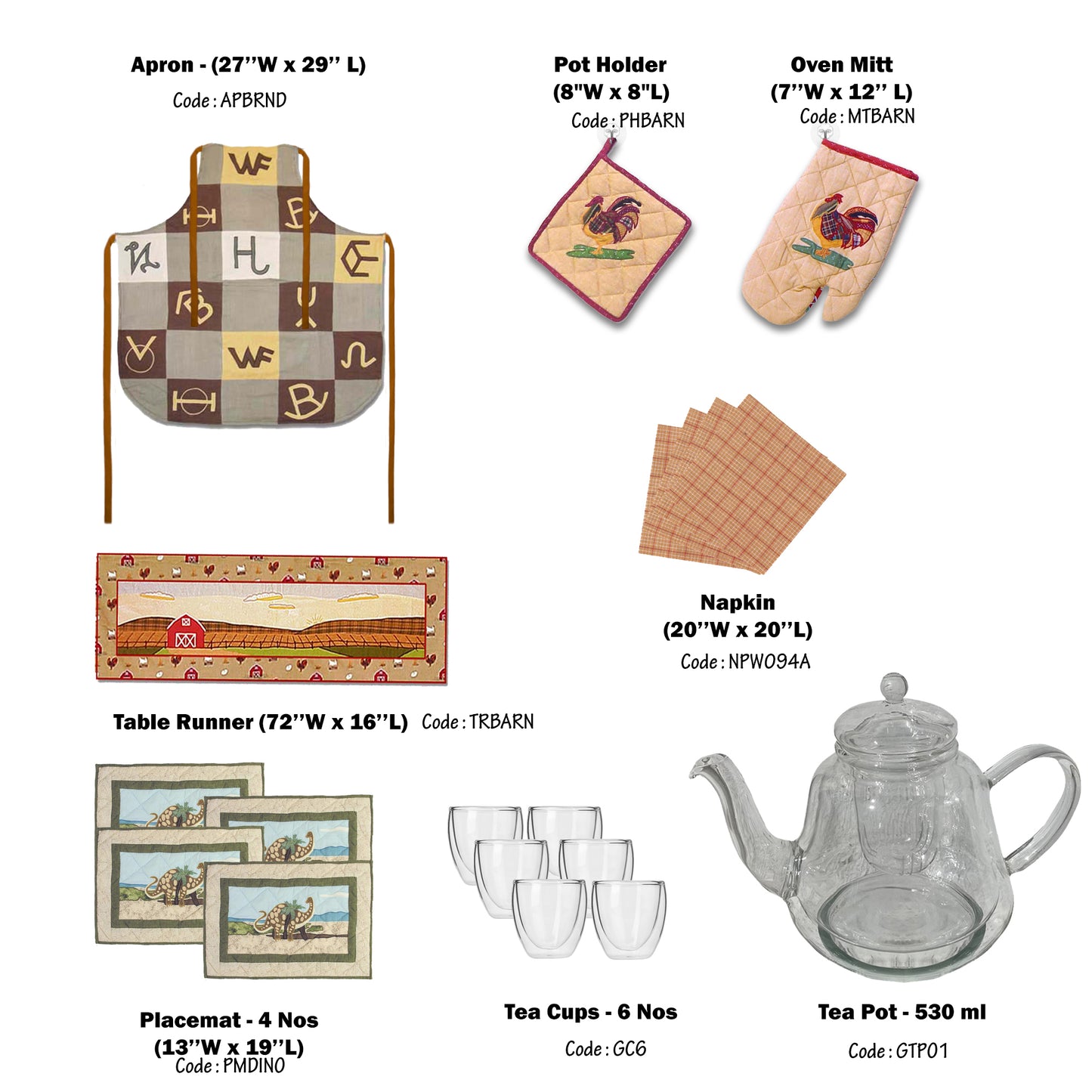 Table Top Ensemble sets- Combo of Apron, Over Mitt, Pot Holder, Table Runner, Placemat, Napkins, Double Layer Tea Pot and 6 pieces Glass Set