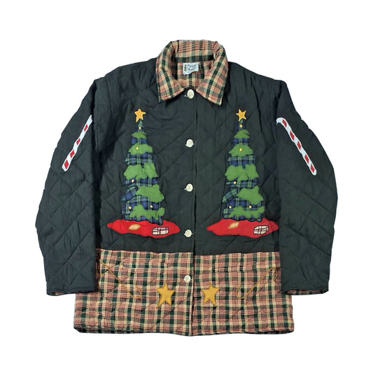 Reversible Quilted Cotton Jacket with Santa and Christmas Tree Design – Handmade, Organic Cotton Filling, Festive Holiday Wear – Available in 7 Sizes