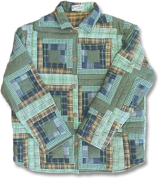 Green Log Cabin Quilted Cotton Jacket – Patchworked, Reversible, Regular Fit, Partywear, Soft Cotton Filled.