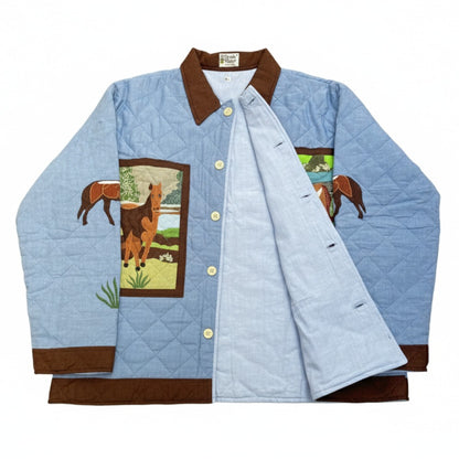 Western Horse Friends Patch Magic Jacket – Handmade Quilted Cotton Jacket with Countryside Horse Artwork