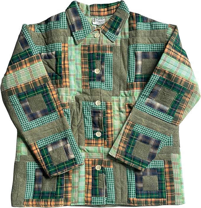 Green Log Cabin Quilted Cotton Jacket – Log Cabin-Inspired Design, Reversible, Regular Fit, Soft Cotton Filled, Stylish Jacket for Parties and Casual Wear