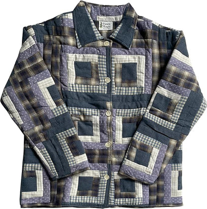 Blue Log Cabin Quilted Cotton Jacket – Log Cabin-Inspired Design, Reversible, Soft Cotton Filled, Stylish Jacket for All Seasons