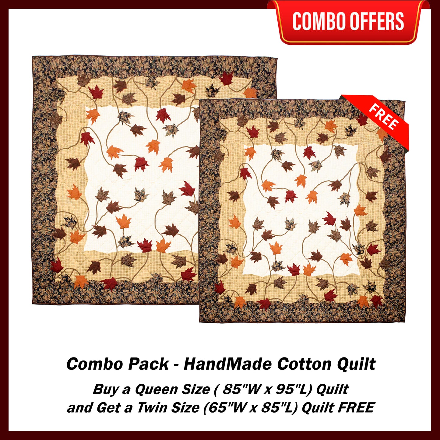 Autumn Leaves Handmade Cotton Quilt - Buy a Queen Size Quilt and Get a Twin Size Quilt FREE