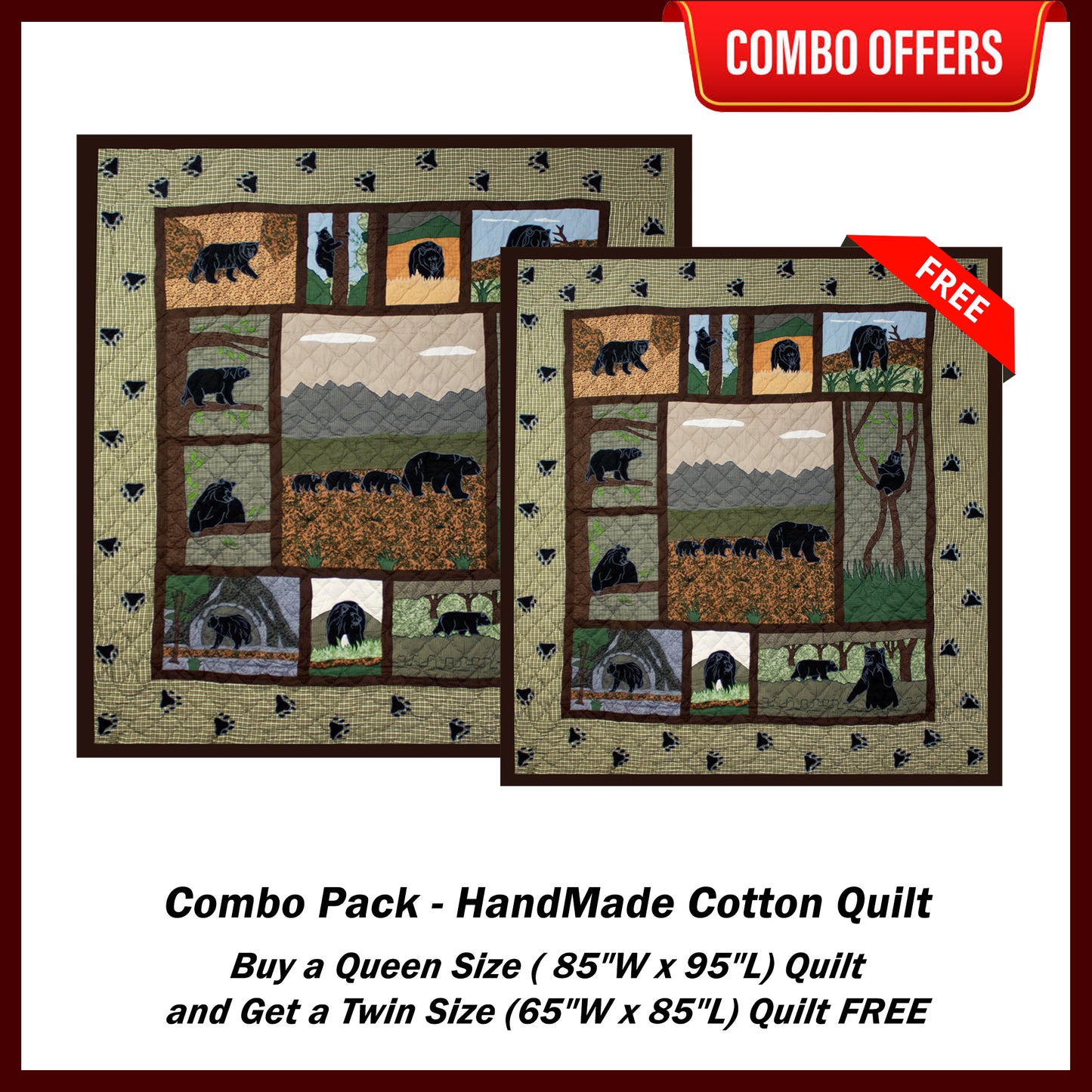 Bear Country  Handmade Cotton Quilt - Buy a Queen Size Quilt and Get a Twin Size Quilt FREE