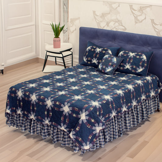 Blue Double Wedding Ring Twin Quilt – 65"x85" Handmade Cotton Quilt with Diamond-Like Blue Patterns