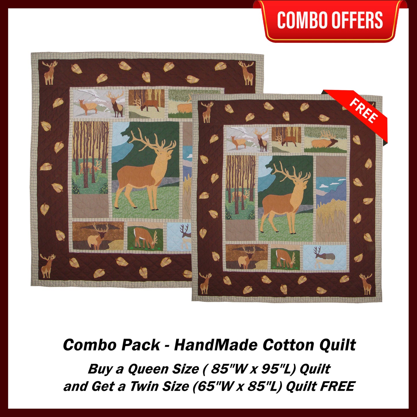 Brown Elk Handmade Cotton Quilt - Buy a Queen Size Quilt and Get a Twin Size Quilt FREE