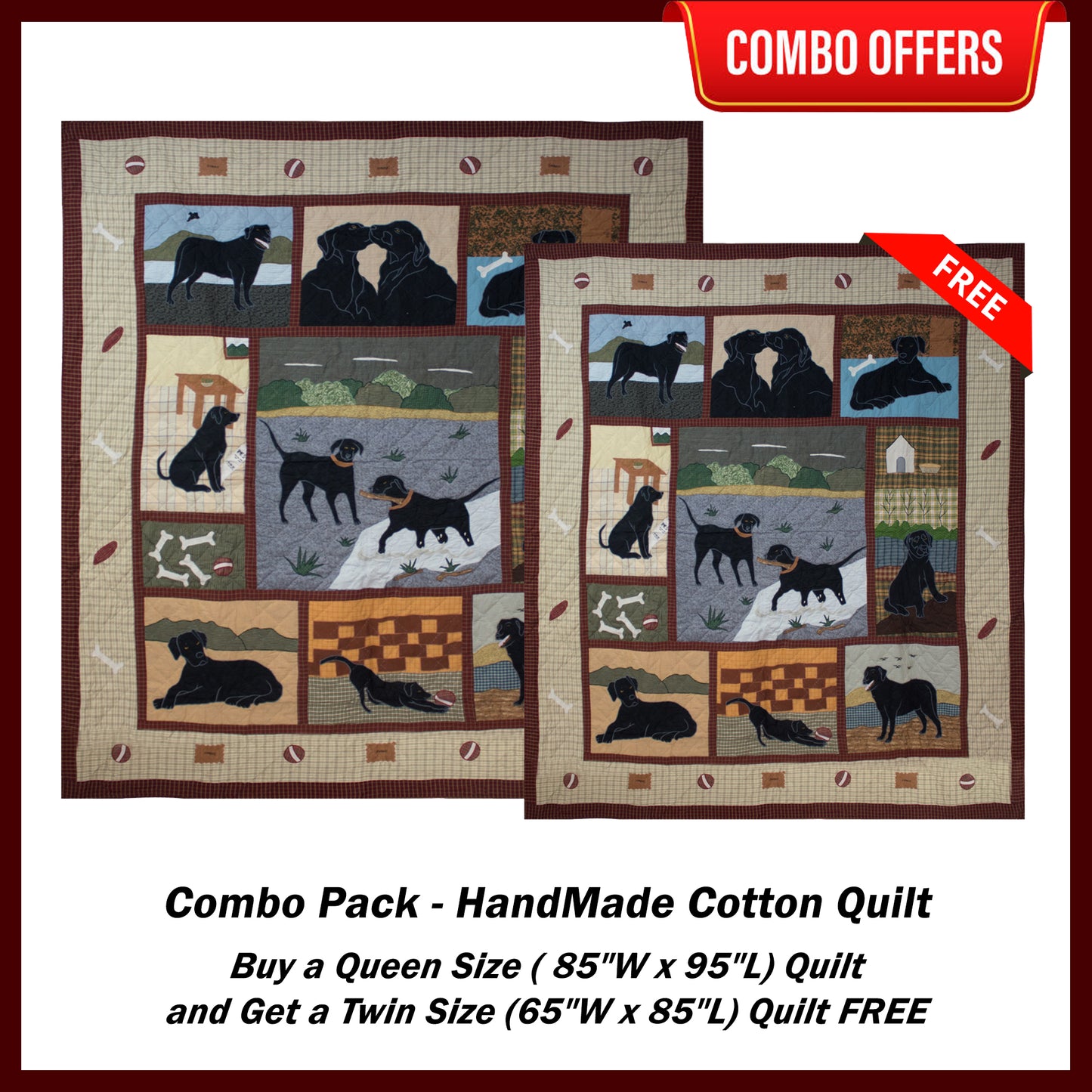 Black Lab Handmade Cotton Quilt - Buy a King Size (or) Queen Size Quilt and Get a Twin Size Quilt FREE