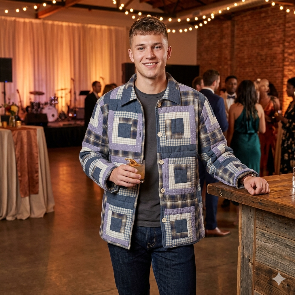Blue Log Cabin Quilted Cotton Jacket – Log Cabin-Inspired Design, Reversible, Soft Cotton Filled, Stylish Jacket for All Seasons