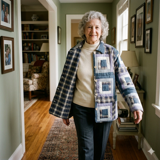 Blue Log Cabin Quilted Cotton Jacket – Log Cabin-Inspired Design, Reversible, Soft Cotton Filled, Stylish Jacket for All Seasons