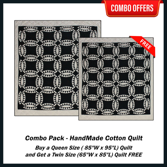 Black and white Wedding Ring Handmade Cotton Quilt - Buy a Queen Size Quilt and Get a Twin Size Quilt FREE