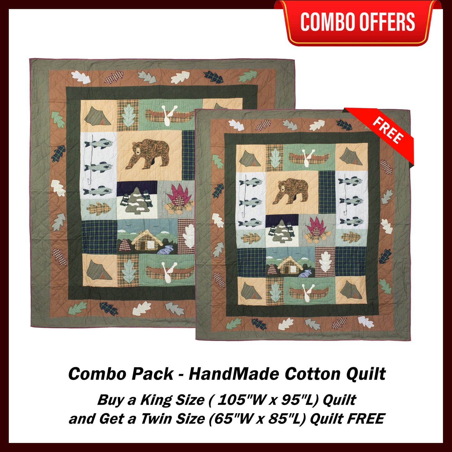 Cabin Handmade Cotton Quilt - Buy a King Size Quilt and Get a Twin Size Quilt FREE