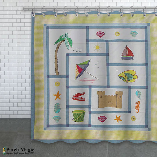 Summer Fun Beach Shower Curtain - 72"x72" | 100% Cotton, Tropical Palm & Sandcastle Design