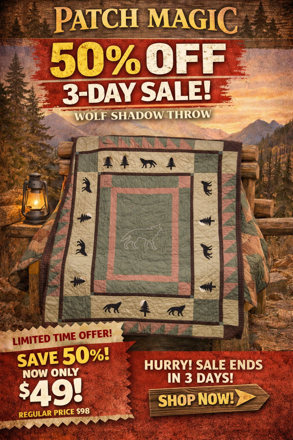 Wolf Trail Throw 50"W x 60"L - 50% Off - 3 Days Sale