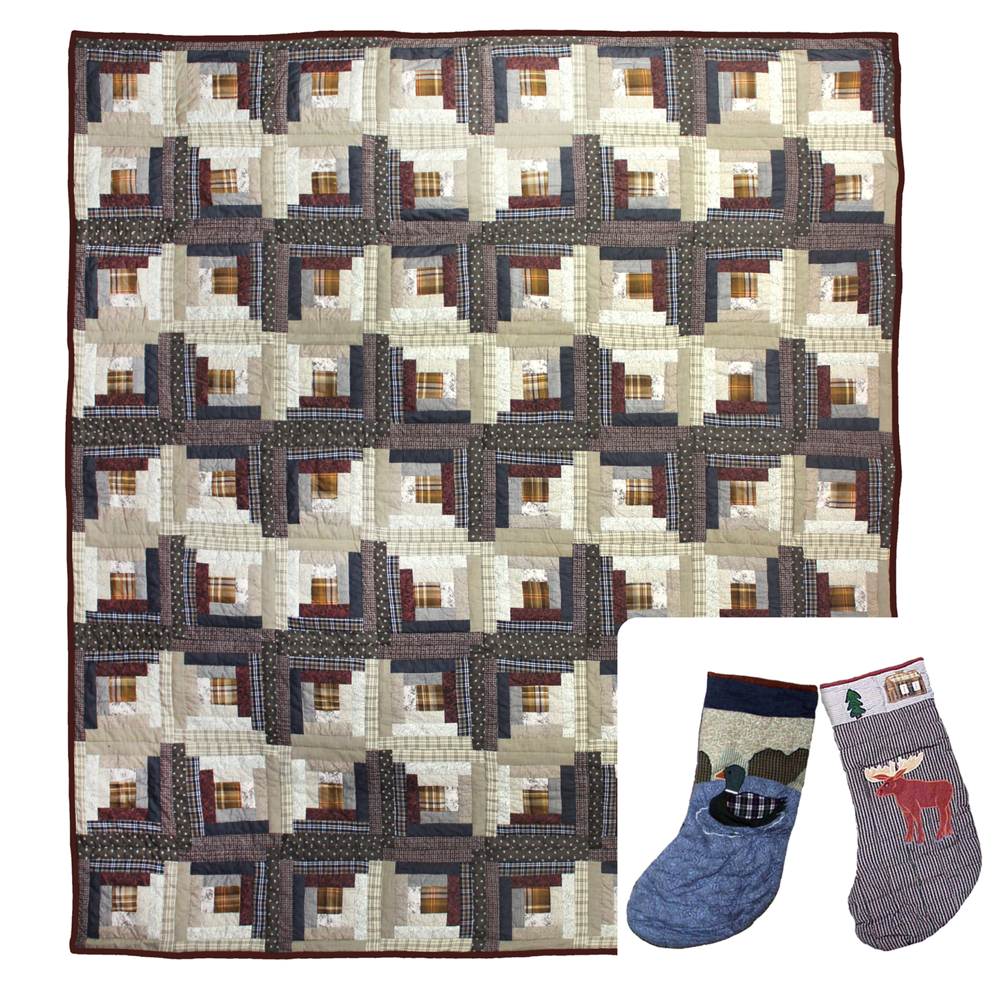 Express Log Cabin Twin Quilt 65"W x 85"L | Buy a Twin-Size Quilt and Get a Free Set of Stockings!