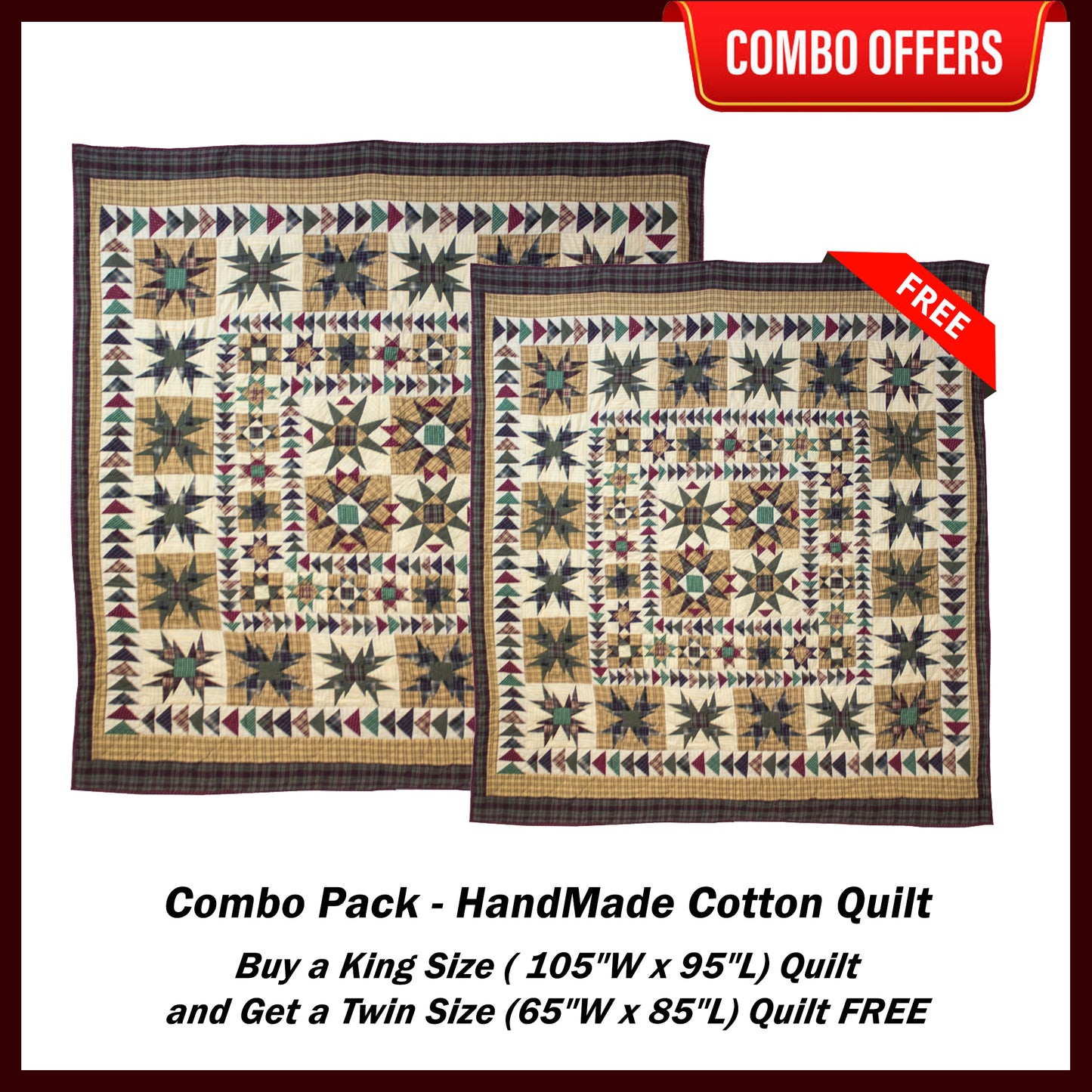 Forever Handmade Cotton Quilt - Buy a King Size Quilt and Get a Twin Size Quilt FREE
