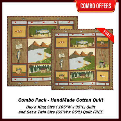Gone Fishing Handmade Cotton Quilt - Buy a King Size (or) Queen Size Quilt and Get a Twin Size Quilt FREE