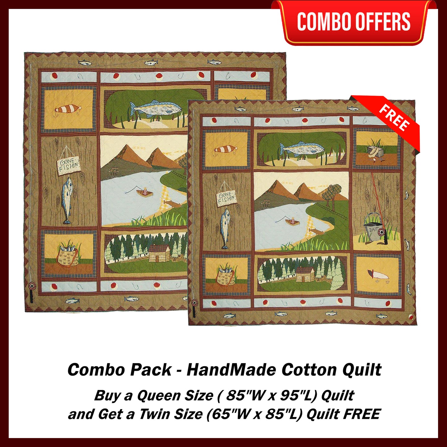 Gone Fishing Handmade Cotton Quilt - Buy a King Size (or) Queen Size Quilt and Get a Twin Size Quilt FREE
