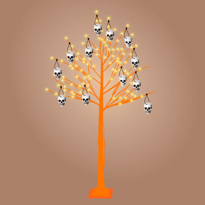Halloween Tree Kit - 7-Ft Prelit Half-White Birch Tree (160 Warm White LED Lights), Orange Paint Set, 12 Skull Hanging Ornaments.