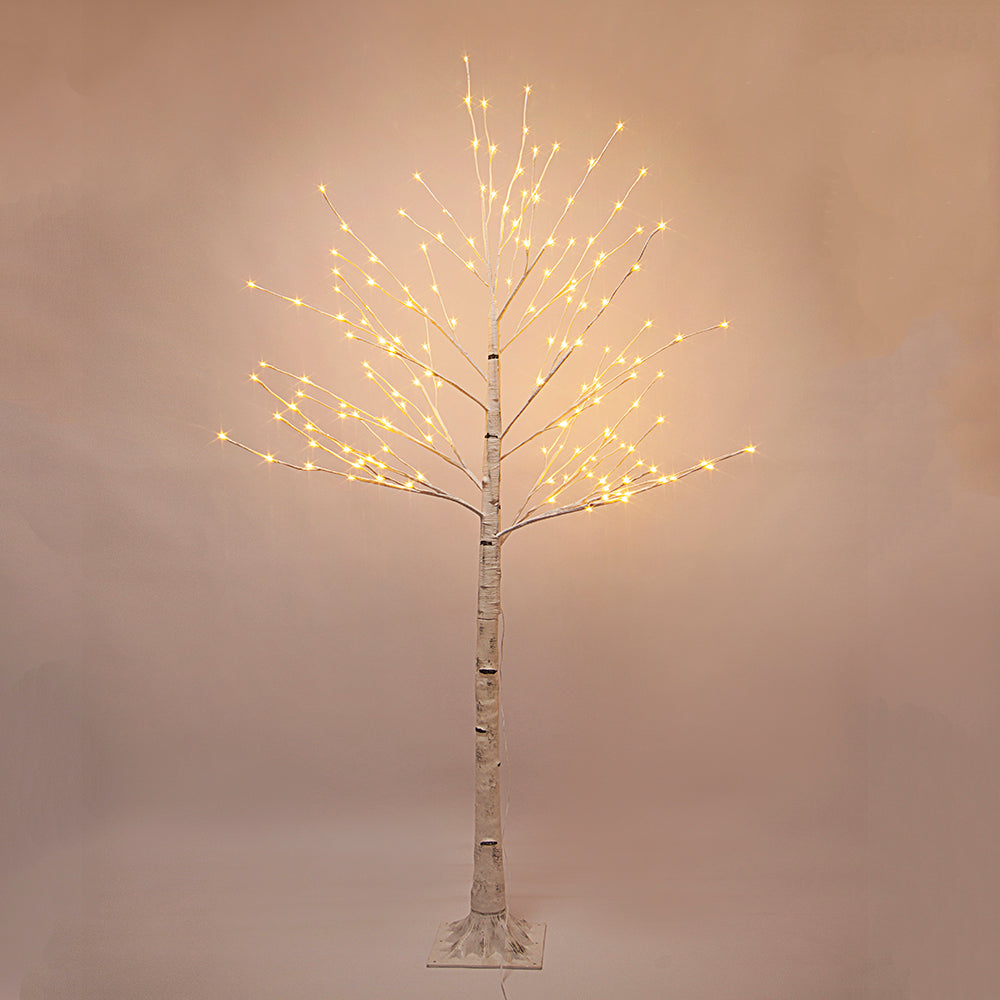 Halloween Tree Kit - 7-Ft Prelit Half-White Birch Tree (160 Warm White LED Lights), Orange Paint Set, 12 Skull Hanging Ornaments.