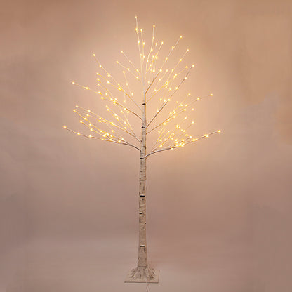 Halloween Tree Kit - 7-Ft Prelit Half-White Birch Tree (160 Warm White LED Lights), Orange Paint Set, 12 Skull Hanging Ornaments.