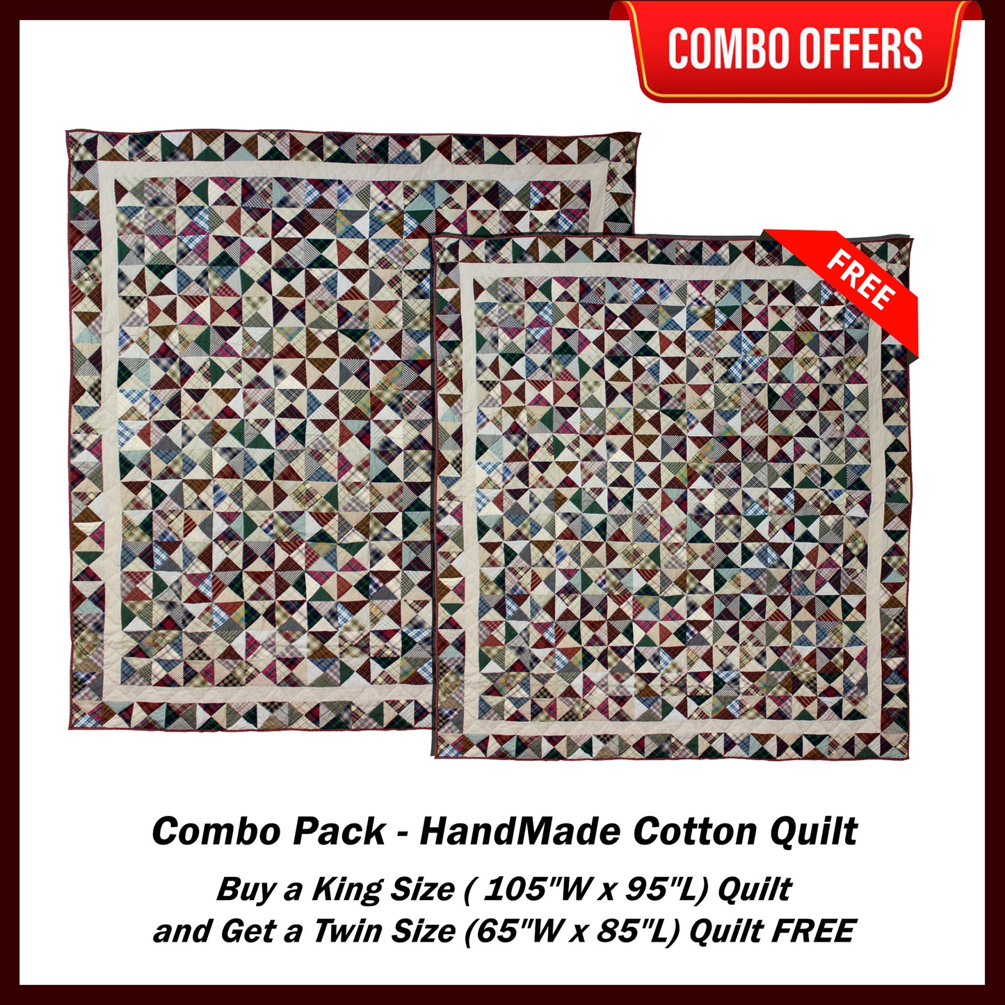 Kaleidoscope Handmade Cotton Quilt - Buy a King Size Quilt and Get a Twin Size Quilt FREE