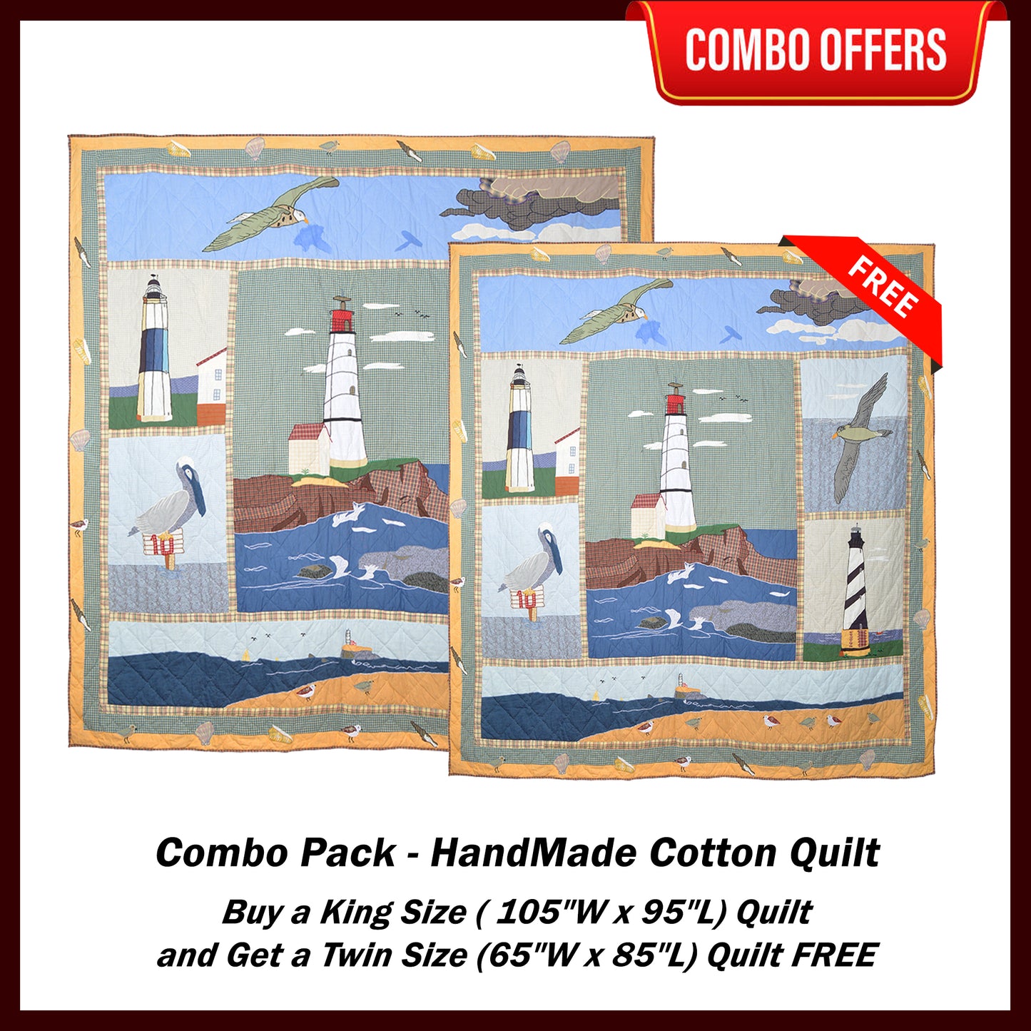 Light House By The Bay Handmade Cotton Quilt - Buy a King Size Quilt and Get a Twin Size Quilt FREE