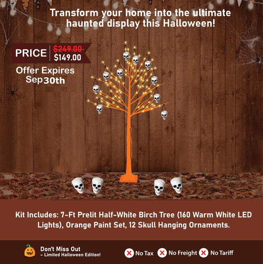 Halloween Tree Kit - 7-Ft Prelit White Birch Tree (160 Warm White LED Lights), Orange Paint Set, 12 Skull Hanging Ornaments.
