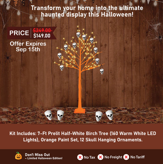 Halloween Tree Kit - 7-Ft Prelit Half-White Birch Tree (160 Warm White LED Lights), Orange Paint Set, 12 Skull Hanging Ornaments.