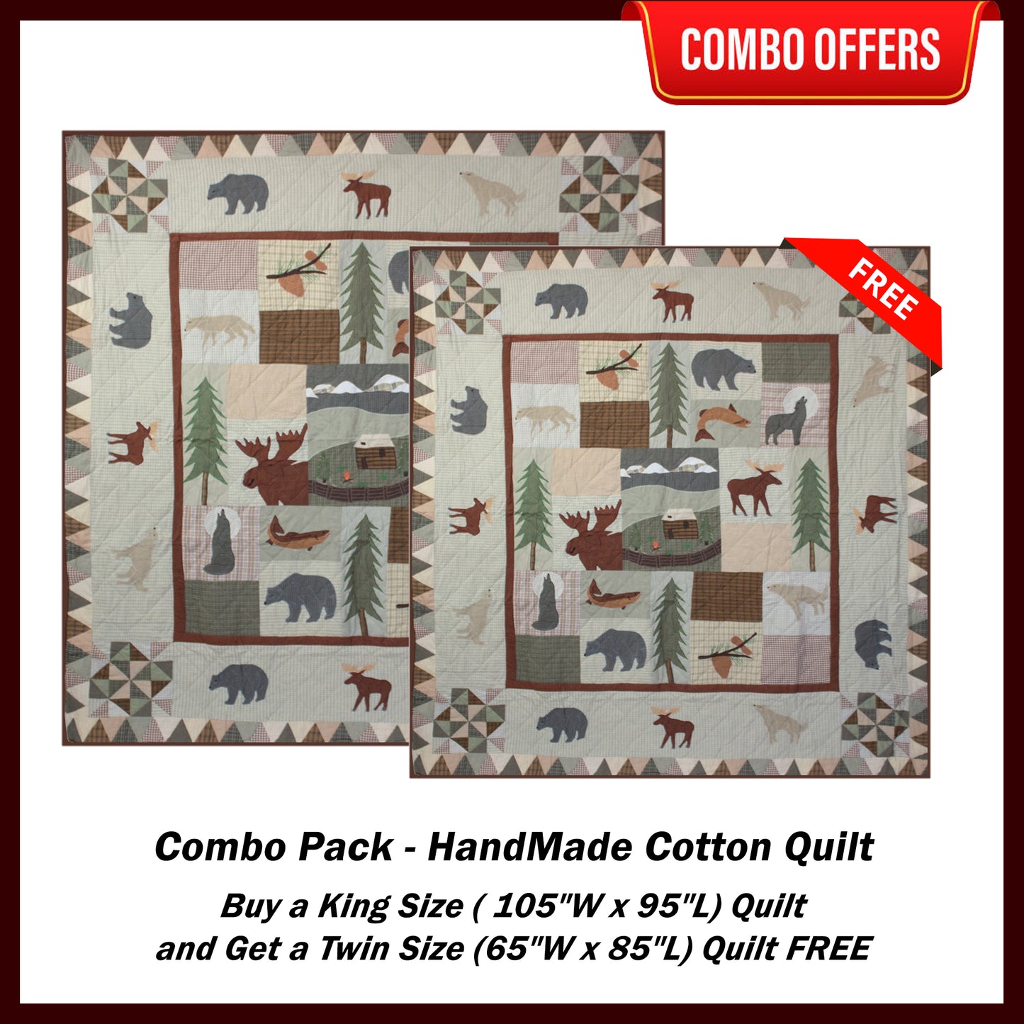 Mountain Whispers Handmade Cotton Quilt - Buy a King Size (or) Queen Size Quilt and Get a Twin Size Quilt FREE