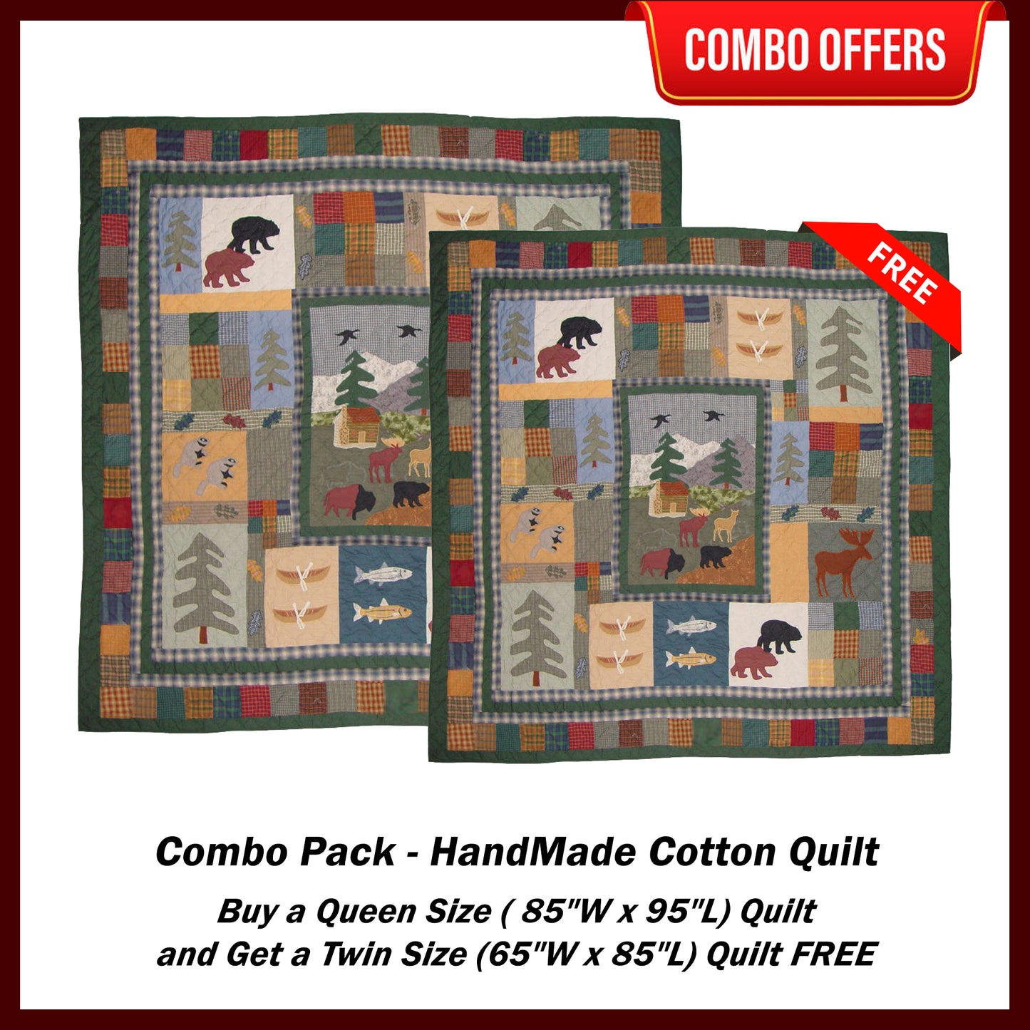Northwoods Walk Handmade Cotton Quilt - Buy a King Size (or) Queen Size Quilt and Get a Twin Size Quilt FREE