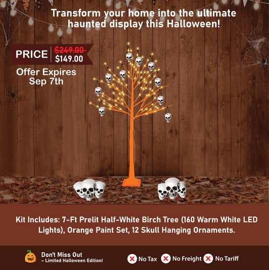 Halloween Tree Kit - 7-Ft Prelit Half-White Birch Tree (160 Warm White LED Lights), Orange Paint Set, 12 Skull Hanging Ornaments.