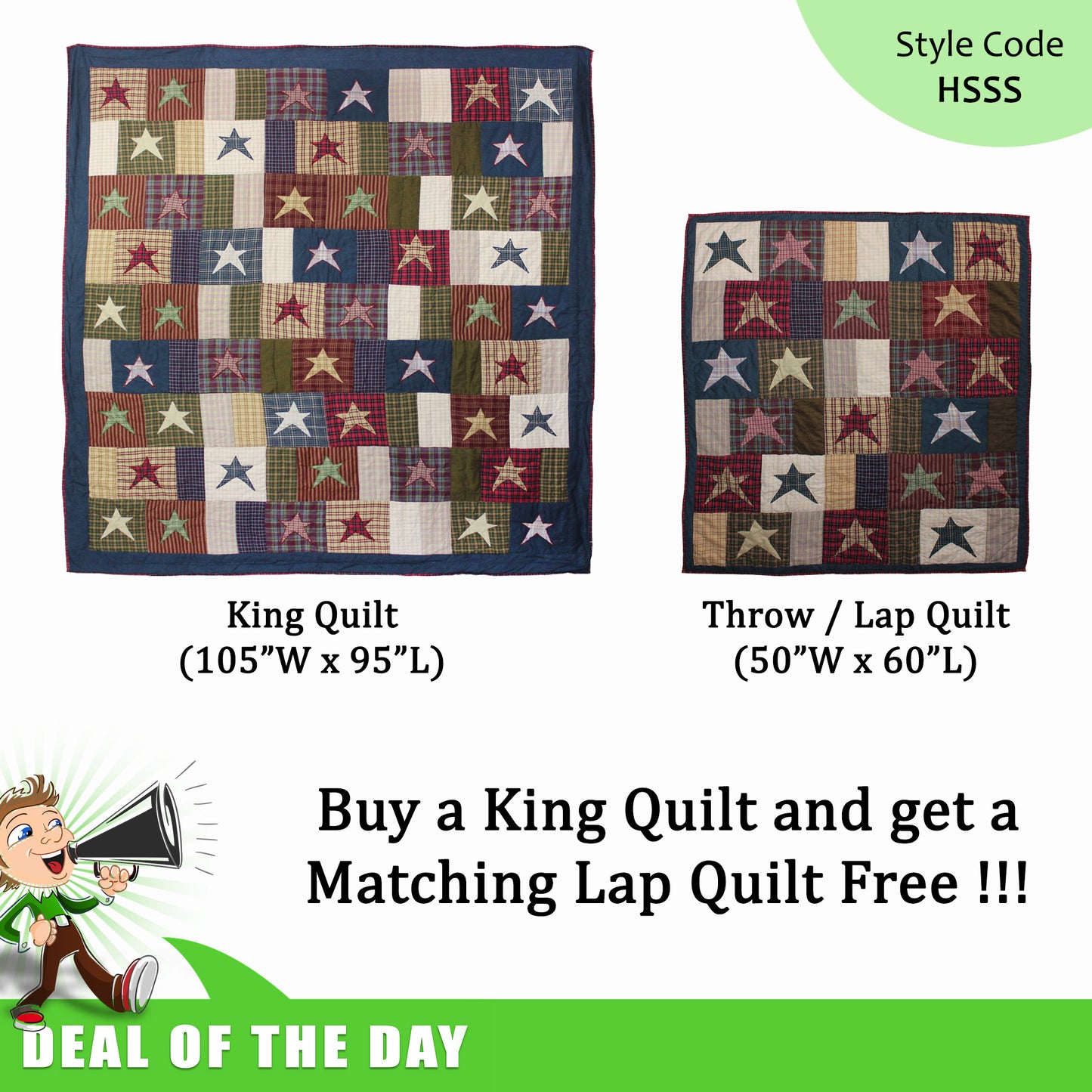 Buy a King Size Patchworked Quilt (105”W x 95”L) and get a  Matching Lap Quilt (50”W x 60”L) Free !!!