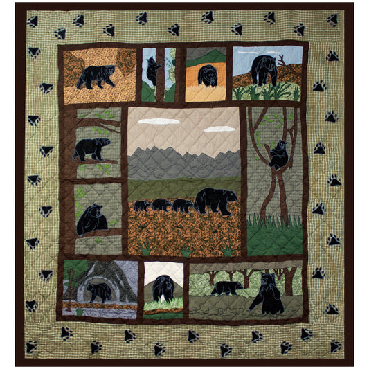 Poetry of bears Quilt, Hand cut and Appliqued cotton fabric motifs | Buy a Quilt and get a matching Pillow Sham FREE