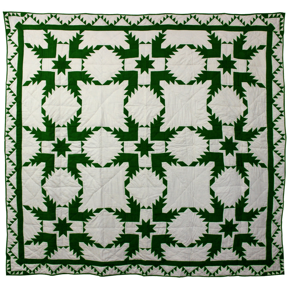 Emerald Feathered Star Quilt, Hand cut and Patchwork cotton fabric blocks.