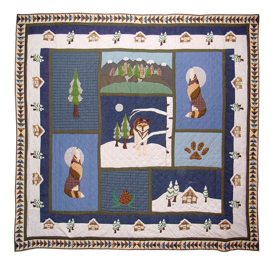 Wolf-Themed Embroidered Handmade Cotton Quilt -  Buy a Quilt and get a matching Pillow Shams FREE