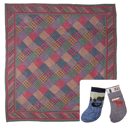 Tartan Log Cabin Twin Quilt 65"W x 85"L | Buy a Twin-Size Quilt and Get a Free Set of Stockings!