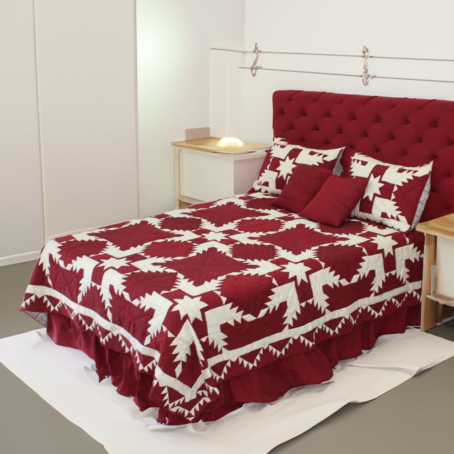Red Feathered Star Quilt, Hand cut and Patchwork cotton fabric blocks.