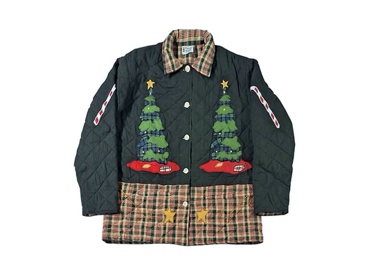 Reversible Quilted Cotton Jacket with Santa and Christmas Tree Design – Handmade, Organic Cotton Filling, Festive Holiday Wear – Available in 7 Sizes