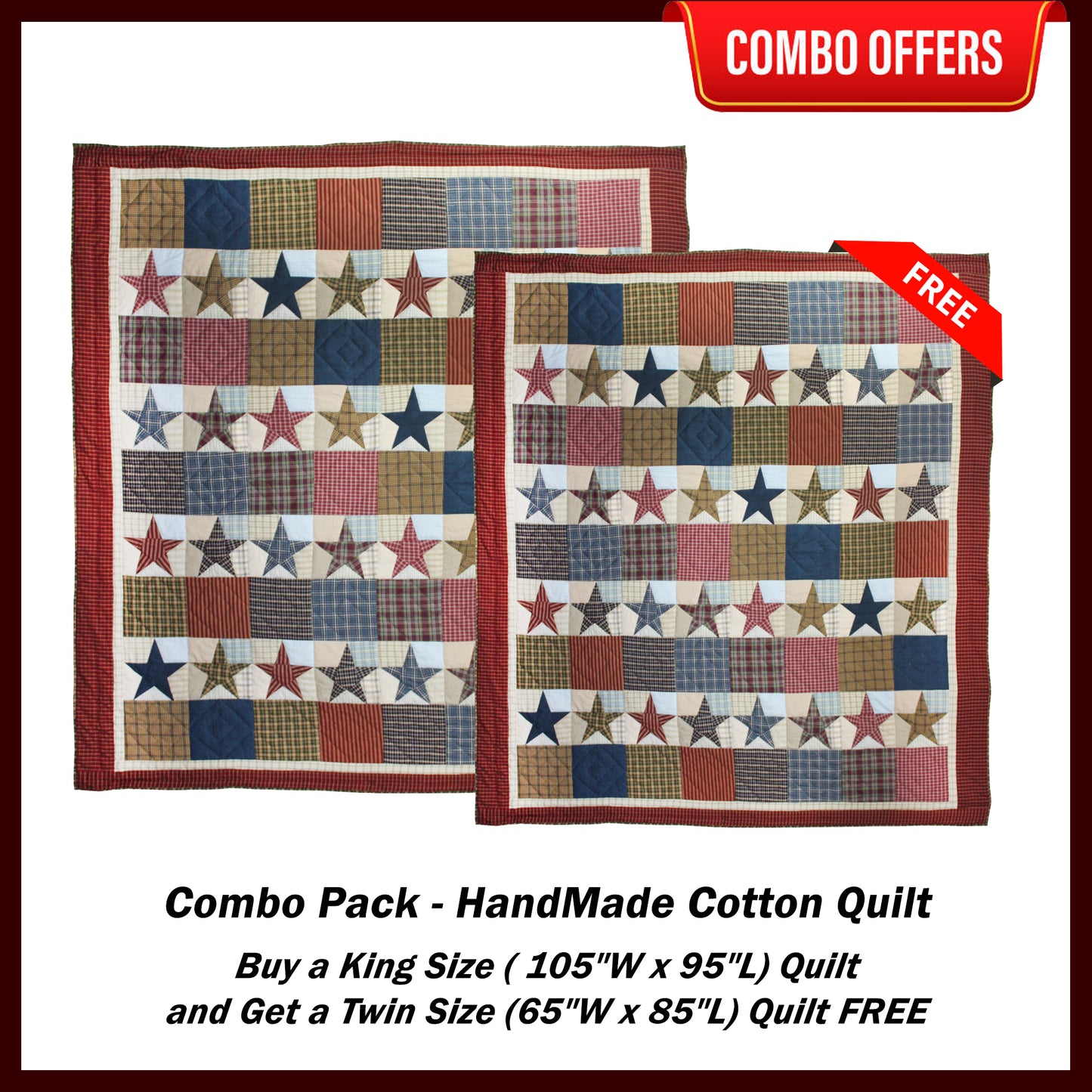 Stars and Squares Handmade Cotton Quilt - Buy a King Size Quilt and Get a Twin Size Quilt FREE