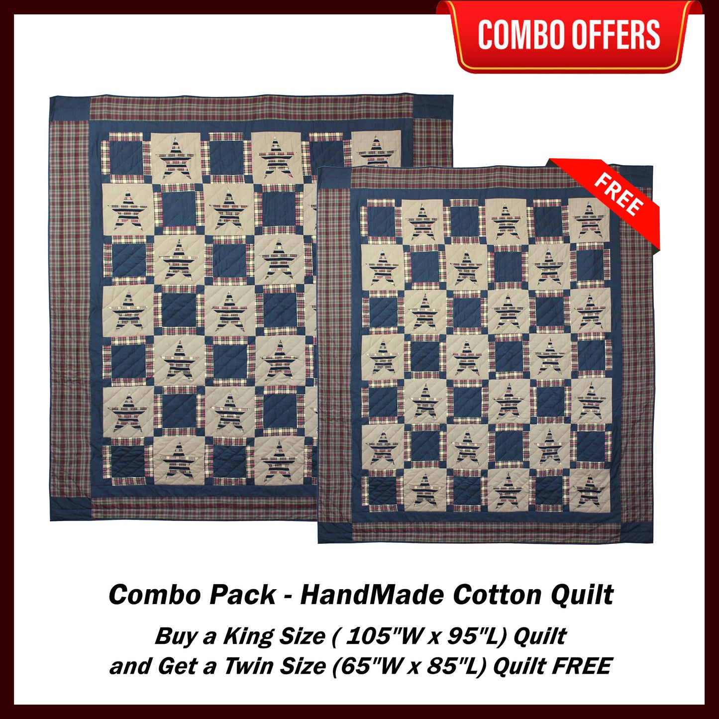 Tartan Star Handmade Cotton Quilt - Buy a King Size Quilt and Get a Twin Size Quilt FREE
