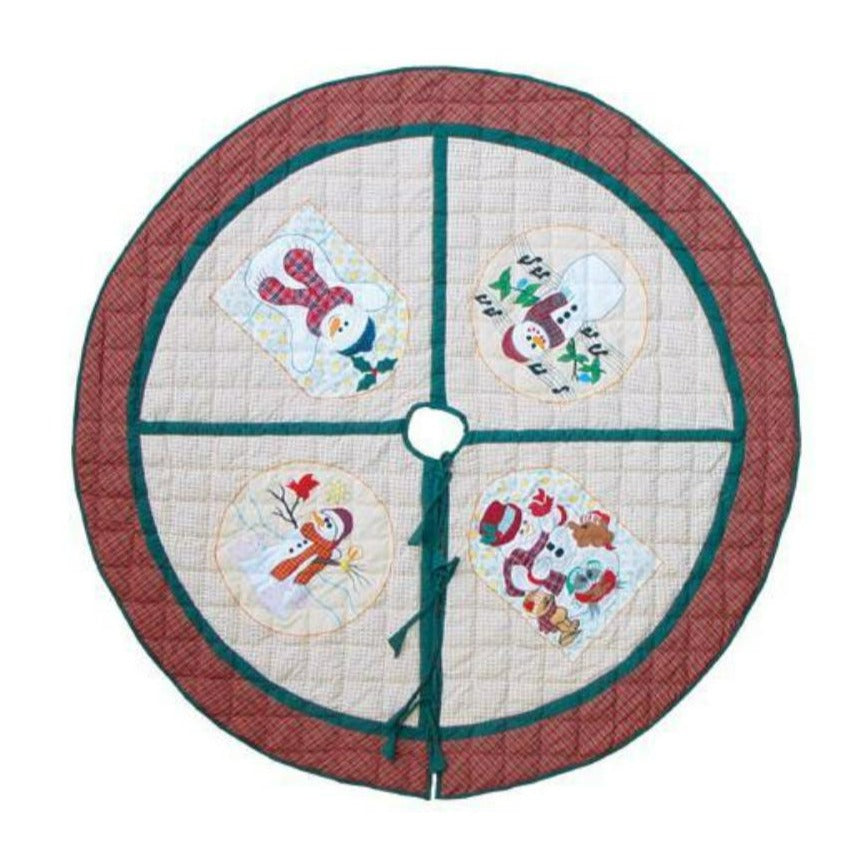Jolly Snowmen Tree Skirt - Large 54" Diameter - Buy Now and Receive a FREE Matching Stocking! Crafted from 100% Cotton for a Holiday Setting