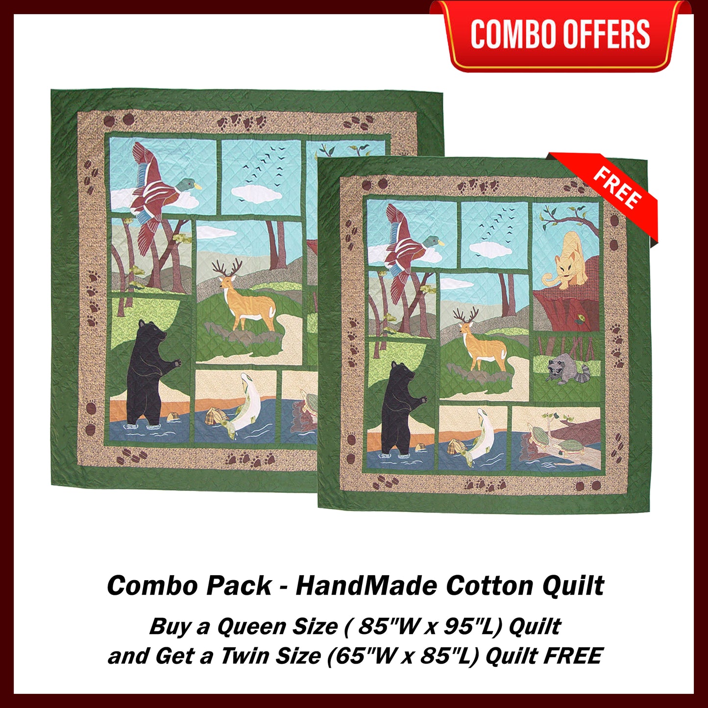 Wilderness Handmade Cotton Quilt - Buy a King Size (or) Queen Size Quilt and Get a Twin Size Quilt FREE