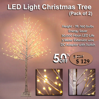 Artificial LED Light Christmas tree, 7 Ft Height White birch tree with 160 Bulbs - Buy One Get One FREE!