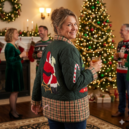 Reversible Quilted Cotton Jacket with Santa and Christmas Tree Design – Handmade, Organic Cotton Filling, Festive Holiday Wear – Available in 7 Sizes
