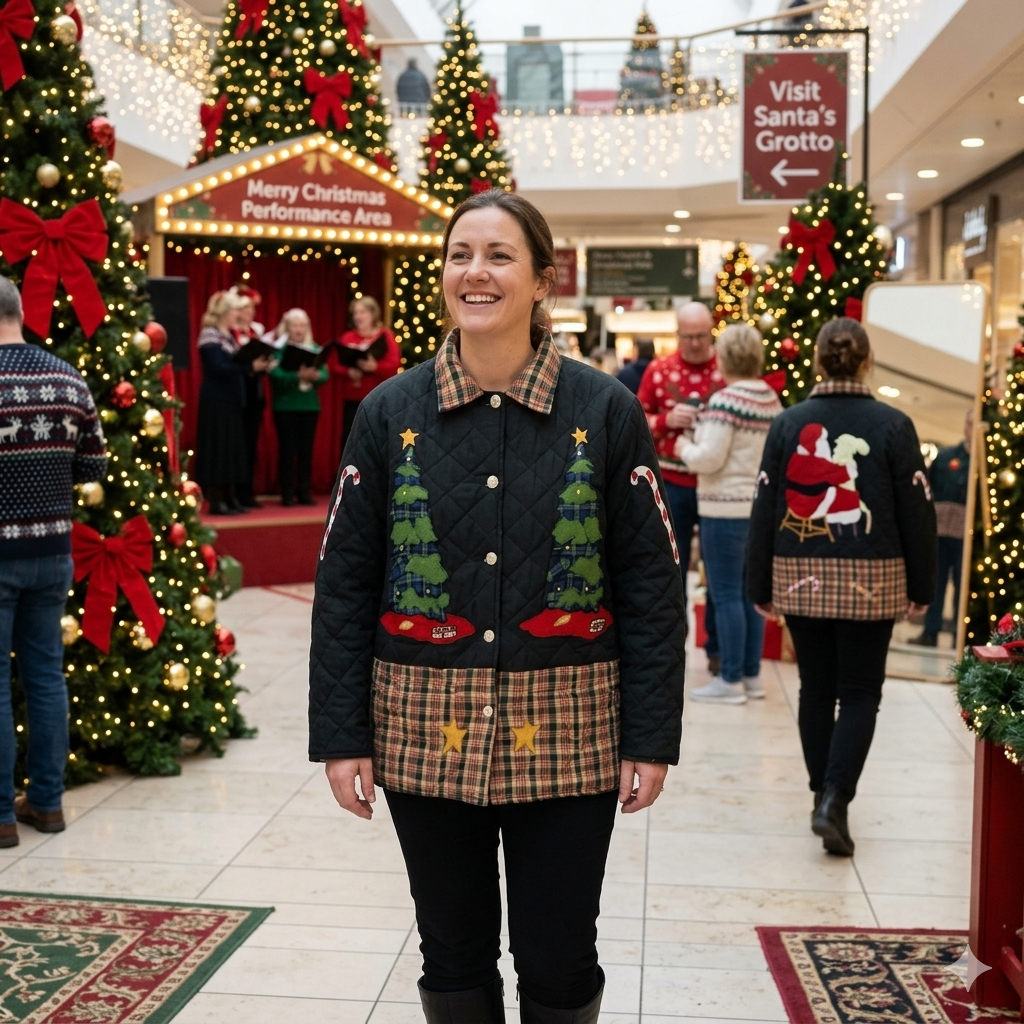 Reversible Quilted Cotton Jacket with Santa and Christmas Tree Design – Handmade, Organic Cotton Filling, Festive Holiday Wear – Available in 7 Sizes