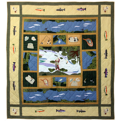 Rock Creek Fishing Quilt, Hand cut and Appliqued cotton fabric motifs.